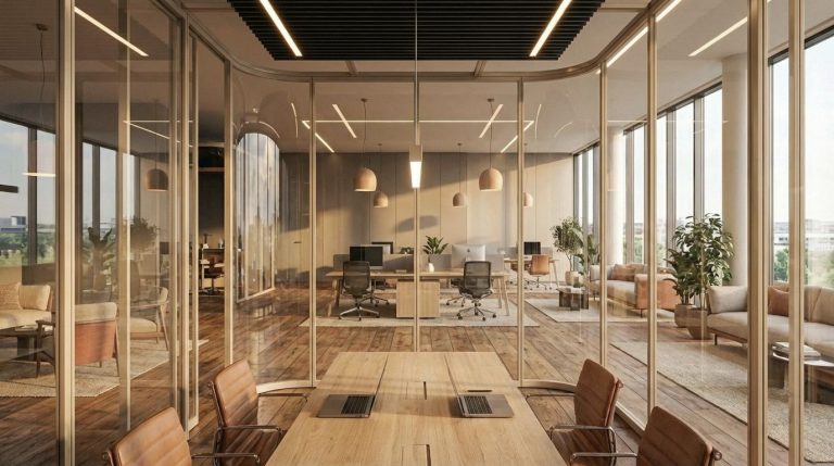 Office pod integrated into an open-plan workplace, creating a space within the space through Ultralight glass partition walls.